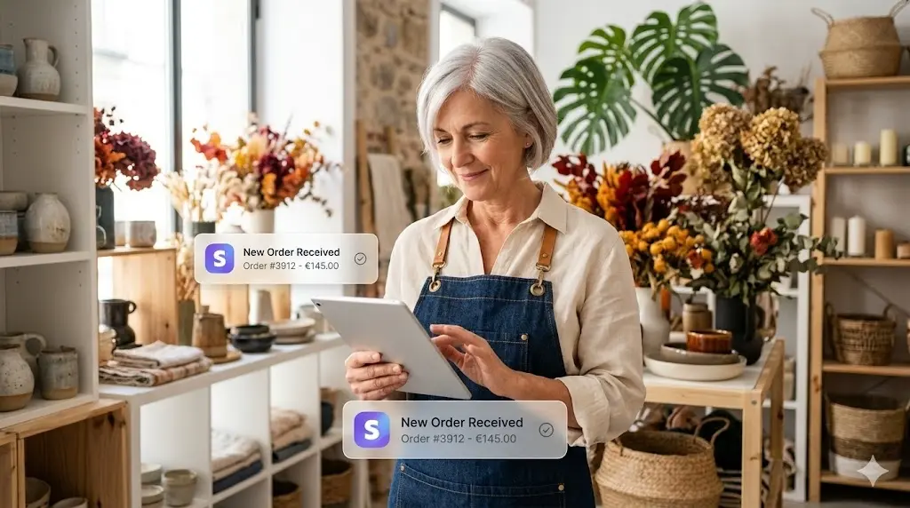 Floristería premium recibiendo pedidos online en su tablet